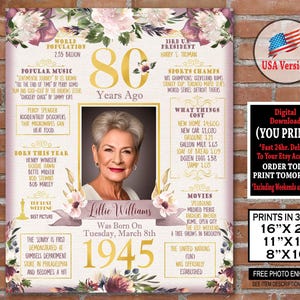 Póster de 80 cumpleaños / Decoración de cumpleaños nostálgica de 1945 / Regalo fotográfico personalizado para ella / Recuerdo de cumpleaños importante