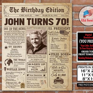 Póster de periódico con resumen del año 1955 / Regalo de 70 cumpleaños o letrero para fiesta / Recuerdo imprimible personalizado de hace 70 años / Regalo para ella o él