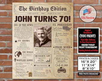 1955 Year in Review Newspaper Poster | 70th Birthday Gift or Party Sign | Personalized 70 Years Ago Printable Keepsake | Gift for her or him