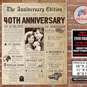 May include: A printable 40th anniversary newspaper style poster with a vintage design. The poster features a photo of a couple, headlines about 1985, and a section about the year 1985. The poster is available in three sizes: 16x20 inches, 11x14 inches, and 8x10 inches.