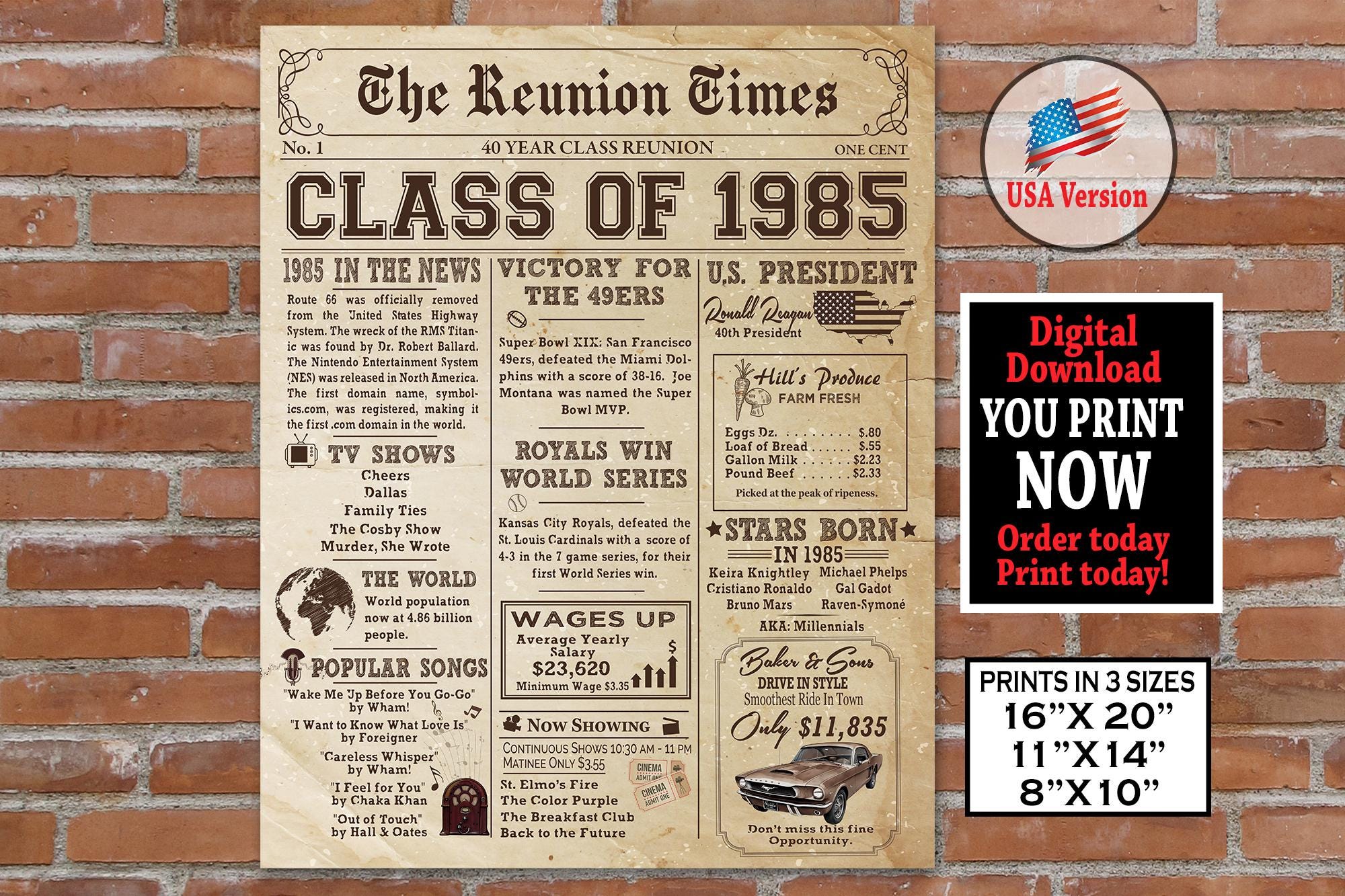 1985 Class Reunion NEWSPAPER Poster | 40th Class Reunion | 1985 Facts for Class Reunion AUTHENTIC Look Class of 1985 | Instant Download