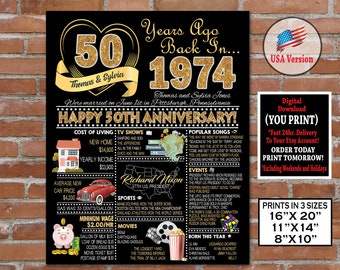 1974 Gold Anniversary Poster, 50th Anniversary Personalized GOLD GLITTER Sign, 50th Anniversary Party Sign, 50th Anniversary Gift Board