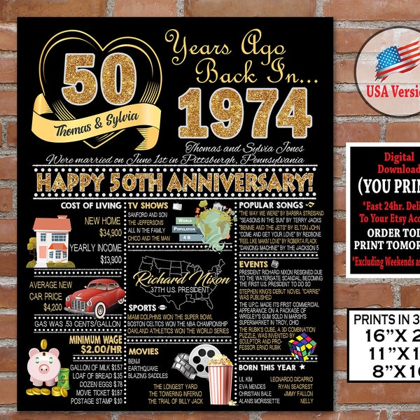 1974 Gold Anniversary Poster, 50th Anniversary Personalized GOLD GLITTER Sign, 50th Anniversary Party Sign, 50th Anniversary Gift Board