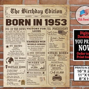 1953 Birthday Newspaper Poster, 1953 Birthday Party Gift Sign, Back in 1953, Birthday Gift for him or her Newspaper Style, Instant Download