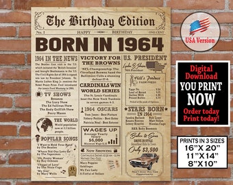 60th Birthday Newspaper Sign, Born in 1964 (Digital Download)