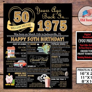 50th Birthday Poster, 1975 Birthday GOLD Sign, 50th Birthday Gift for Her or Him, 1975 Birthday Party Decoration, Digital Download