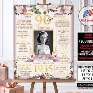 Cartel de 90 cumpleaños / Póster de decoración para fiesta de cumpleaños de 1935 / Regalo de 90 cumpleaños para ella / Archivo digital personalizado de 1935