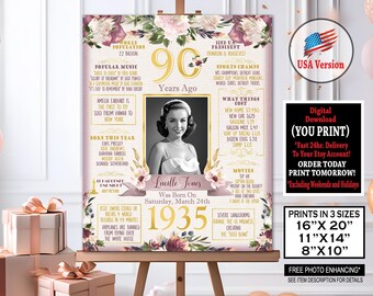 90th Birthday Sign | 1935 Birthday Party Decoration Poster | 90th Birthday Gift for Her | Back in 1935 Personalized Digital File