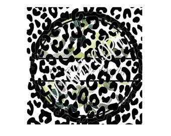 May include: Black and white leopard print pattern with a circle in the centre. The circle contains a green and black floral design.