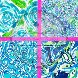 May include: Four watercolor patterns in shades of blue, green, and purple, with white backgrounds. The designs include floral and abstract motifs. A pink border and the text "down home designs" are visible.