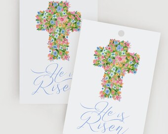 Floral Cross | Digital He is Risen Floral Cross Easter Tags