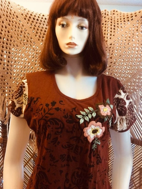 Rust Brown Floral Cotton Stretch Embroidered Jerse