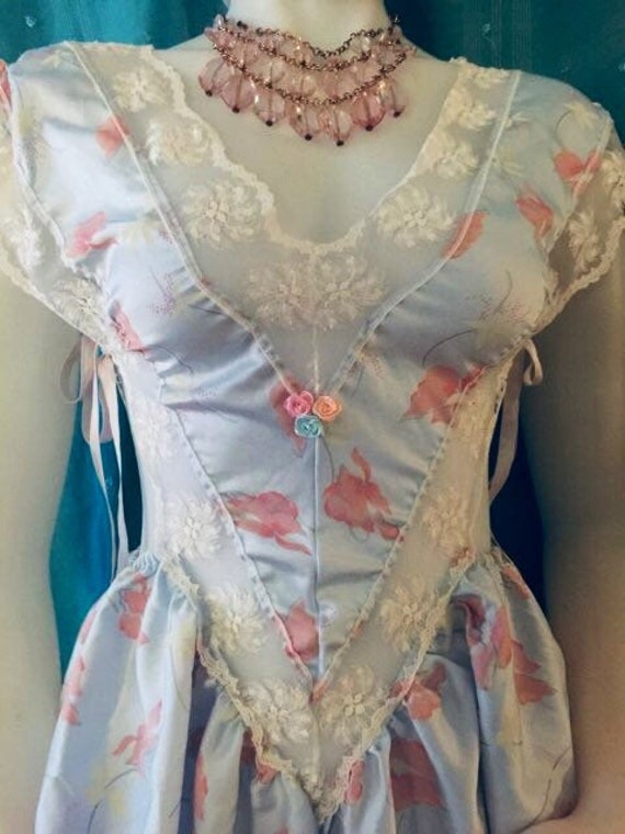 Vintage 80s Light Blue Dainty Floral Pinafore Tedd