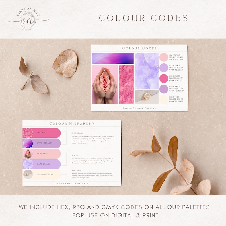 Pu&ograve; includere: Una palette di colori del marchio con il testo "COLOUR CODES" e "COLOUR HIERARCHY". La palette include sfumature di rosa, viola e crema. &Egrave; visibile anche il testo "WE INCLUDE HEX, RBG AND CMYK CODES ON ALL OUR PALETTES FOR USE ON DIGITAL & PRINT".