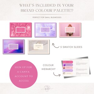 Pu&ograve; includere: Grafica che presenta una palette di colori del marchio con cinque diapositive campione nei toni del rosa, viola e crema. Il testo include "What's Included in Your Brand Colour Palette?" e "Sign up for a Canva account to access."