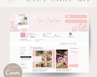 Aesthetic Floral Etsy Shop Branding Kit | Etsy Banner Shop Templates | Editable Canva Etsy Listing Mockup Templates | Soft Pastel and Floral
