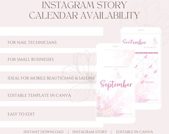 Instagram Story Calendar Availability for Nail Technicians | Editable Canva Template  Monthly Appointments | For Beautician and Salons