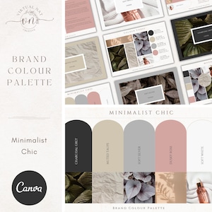 May include: A brand colour palette with the title "Minimalist Chic" featuring five colours: charcoal grey, muted taupe, soft silver, dusky rose, and soft white. The colours are displayed in rounded rectangles with a leaf pattern behind each colour.