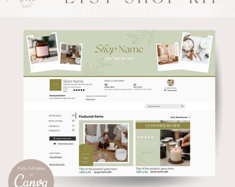 Aesthetic Olive Green Shop Branding Kit | Etsy Banner Shop Templates | Editable Canva Etsy Listing Mockup Templates | Soft Earthy Tones