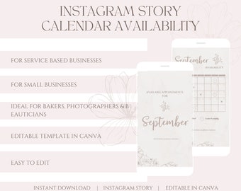 Instagram Story Calendar Availability | Editable Canva Template | Digital Download | Monthly Appointments | For Beautician Photographer