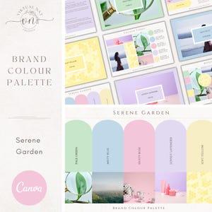 May include: A brand color palette for a business called "Serene Garden". The palette includes five colors: pale green, misty blue, dusty rose, lovely lavender, and soft yellow. Each color is represented by a half-circle with a photo of an object in that color.