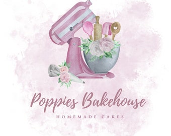May include: A pink and white striped stand mixer with a bowl, rolling pin, spatula, and spoon. The mixer is surrounded by pink flowers and the text "Poppies Bakehouse HOMEMADE CAKES".
