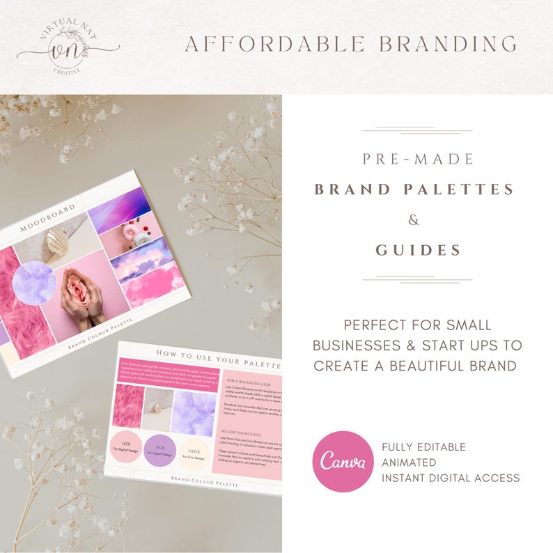 Pu&ograve; includere: Un'immagine piatta con due guide stampate di palette di marchi con schemi di colori rosa e viola. Le guide sono etichettate "Moodboard" e "How to Use Your Palette". Il testo "Affordable Branding" &egrave; in alto.
