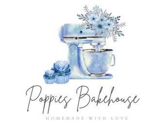 Personalised Business Logo Design for Bakery, Floral Blue Mixer Watercolour Logo, Premade Logo, Business Branding, Bakery Logo Branding