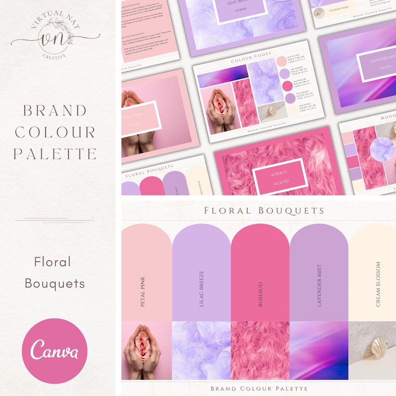 Pu&ograve; includere: Un design di palette di colori del marchio digitale con una variet&agrave; di tonalit&agrave; rosa e viola. Il design include il testo "Brand Colour Palette", "Floral Bouquets" e "Canva". La palette di colori include tonalit&agrave; come Petal Pink, Lilac Breeze e Rosebud.