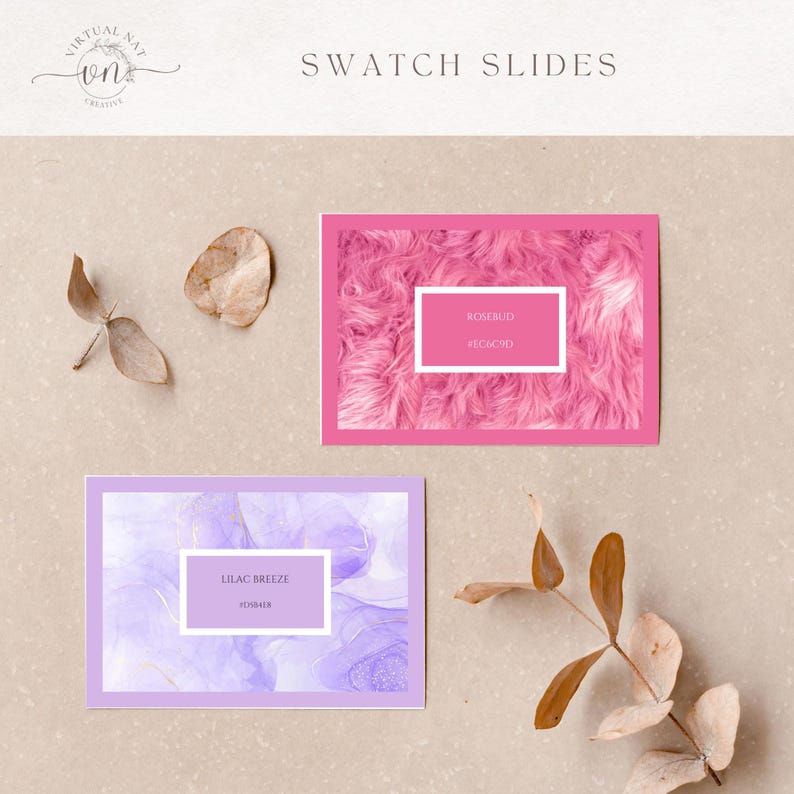 Pu&ograve; includere: Due campioni di colore con il testo "Swatch Slides" in alto. Uno &egrave; rosa con una texture soffice e il testo "Rosebud". L'altro &egrave; viola con un design ad acquerello e il testo "Lilac Breeze". Foglie secche sparse.