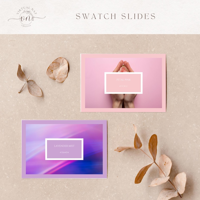 Pu&ograve; includere: Due diapositive di campioni con il testo "Swatch Slides" in alto. Una diapositiva &egrave; rosa con il testo "Petal Pink" e l'altra &egrave; viola con il testo "Lavender Mist". Foglie secche sparse.