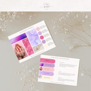 Pu&ograve; includere: Due schede che mostrano una tavolozza di colori del marchio con i testi "COLOUR CODES" e "COLOUR HIERARCHY". La tavolozza dei colori include sfumature di rosa, viola e lavanda. Le schede sono su una superficie grigio chiaro con accenti floreali bianchi.