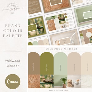 Może przedstawiać: Paleta kolorów marki zatytułowana "Wildwood Whisper" z różnorodnymi odcieniami ziemi, w tym ciepłym taupe, mchem oliwkowym i miękką szałwią. Projekt zawiera próbki kolorów, obrazy słojów drewna, ptaka i logo Canva.
