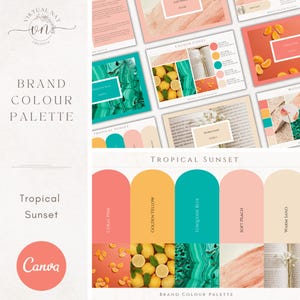 Brand Colour Palette in Tropical Sunset | Summer Brand Color Palette with Hex Code CMYK | Branding for Small Businesses | Canva Branding Kit