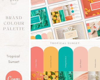 Brand Colour Palette in Tropical Sunset | Summer Brand Color Palette with Hex Code CMYK | Branding for Small Businesses | Canva Branding Kit