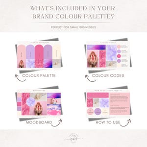 Pu&ograve; includere: Un design grafico con quattro guide per palette di colori del marchio. Le guide includono "Palette colori", "Codici colore", "Moodboard" e "Come usare". Gli schemi di colore sono principalmente rosa e viola, con il testo "Cosa &egrave; incluso nella tua palette colori del marchio?"