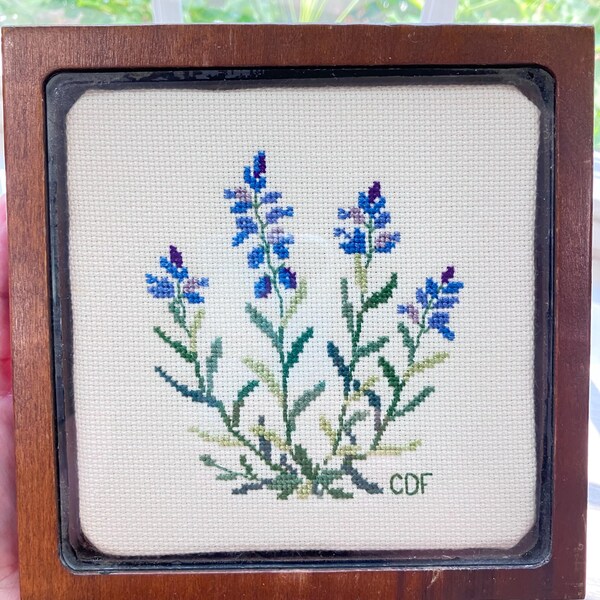 Framed Cross Stitch Common Milkwort - Vintage Botanical Floral Embroidery