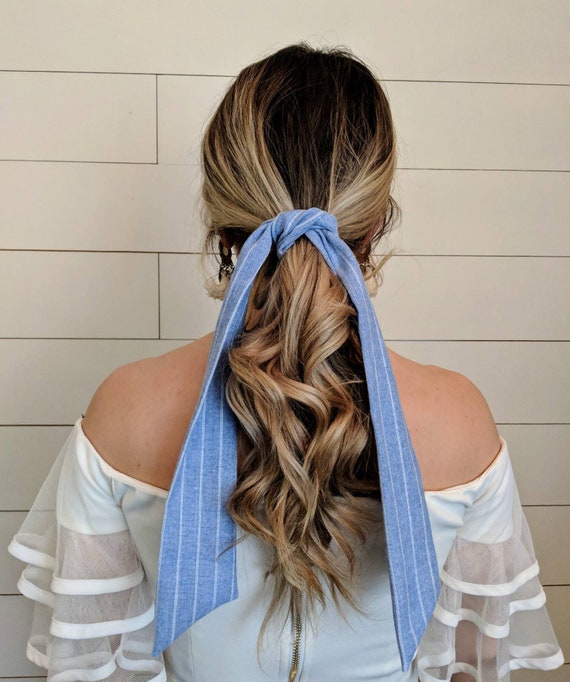 Hair Scarf Ponytail Scarf Blue And White Striped Chambray Hair Etsy
