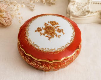Vintage French Porcelain Trinket Box, Limoges Vanity Box, Orange Gold Cottage Decor