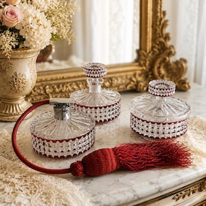 Val Saint Lambert Crystal Perfume Set, Ruby Red Clear Crystal Vanity Set, Vintage Belgian Crystal, Perfume Bottles, Atomizer Powder