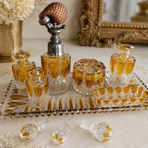 Val Saint Lambert Amber Crystal Vanity Set, Art Deco Perfume Set, Crystal Toilette Set, Perfume Bottles Tray Atomizer, Dressing Table