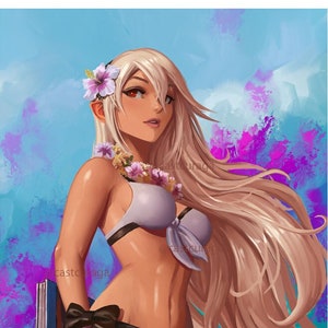 May include: A woman with long blonde hair wearing a light purple bikini top and a white skirt with black ribbons. She is holding a blue book and has a flower crown on her head. The background is a colorful abstract design.