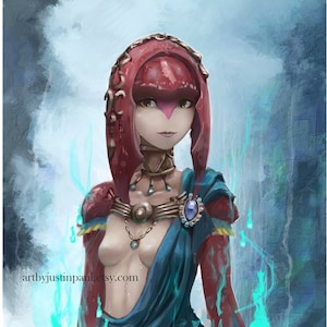 May include: Digital art print of a character with red and white skin, wearing a blue and red outfit with jewelry. The character is surrounded by blue glowing energy. The artwork is signed and includes the website address artbyjustinpaul.etsy.com.