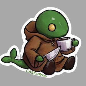 May include: A green and brown cartoon creature with a large head and a cup of coffee in its hand. The creature is wearing a brown robe and holding a knife. The text "CASTCURAGA" is written below the creature.