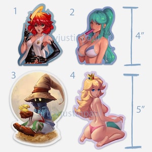 May include: Set of four 4 inch by 5 inch stickers featuring various characters. The first sticker features a woman with red hair and a halo, wearing a white outfit and holding a weapon. The second sticker features a woman with long green hair, wearing a bikini and holding a popsicle. The third sticker features a character from a video game wearing a black hat and holding a small creature. The fourth sticker features a woman with long blonde hair, wearing a bikini and holding a beach ball.