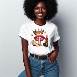 May include: White t-shirt with a graphic design of a crown, a pair of lips with a finger over them, and a lipstick tube. The lips are red, the crown is gold, and the lipstick tube is black and gold.