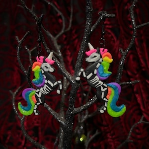 Rainbow and Glow in the Dark Skeleton Unicorn Polymer Clay Earrings