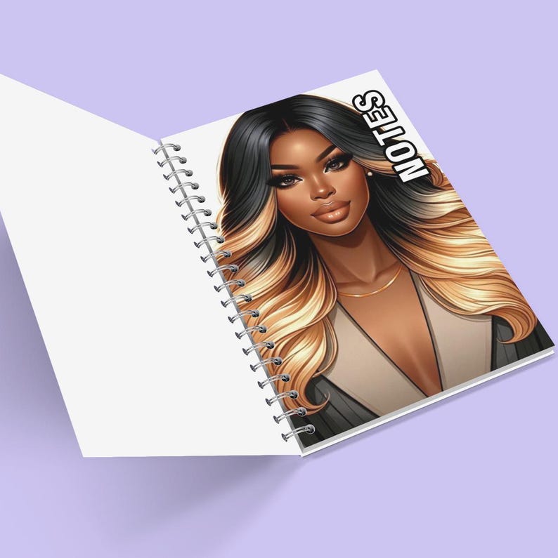 May include: A spiral bound notebook featuring a colourful illustration of a woman with long black and blonde hair. The cover reads "NOTES" in bold black lettering.