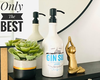 Zeepdispenser gemaakt van een Gin Sul-fles | Witte keramische fles | Upcycled decor | Pomp & fles