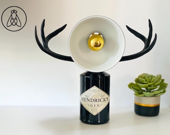 Hendrick’s Gin Bottle Lamp with Rotating Lamp Head and Antlers – Unique Steampunk-Inspired Decor